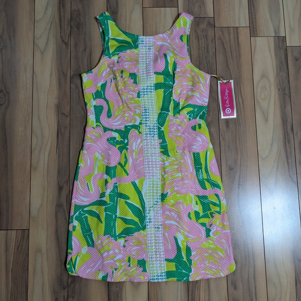 Lilly Pulitzer Pink Green Yellow Tropical Print Shift Dress